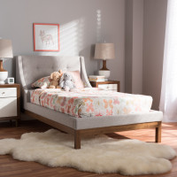 Baxton Studio BBT6696-Greyish Beige-Twin Louvain Modern and Contemporary Greyish Beige Fabric Upholstered Walnut-Finished Twin Sized Platform Bed